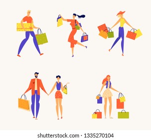 Happy People with Shopping Bags. Male and Female Characters with Gift Boxes. Big Sale Discount Concept. Shopaholic Man and Woman with Purchases. Vector cartoon illustration