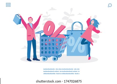 Happy people with Shopping basket and Shopping Bags, discount, Online Shopping, Big sale %, Vector illustration for web banner, infographics, mobile. 