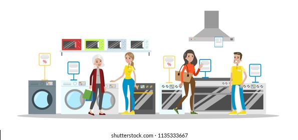 Happy people shopping in electronic store. Looking for household appliances. Buying washing machine and microwave oven. Isolated vector flat illustration