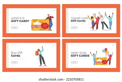 Happy People Shopping with Gift Card Landing Page Template Set. Male and Female Characters Buying Things and Presents for Holidays Using Certificate or Discount Coupon. Cartoon Vector Illustration