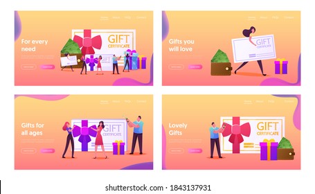 Happy People Shopping Landing Page Template Set. Characters Buying Things and Presents for Holidays Using Gift Certificate or Discount Coupon, Consumerism, Present. Cartoon People Vector Illustration