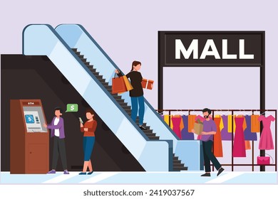 Happy people shopping at mall. Shopping concept. Colored flat vector illustration isolated.