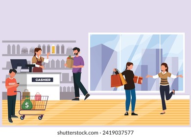 Happy people shopping at mall. Shopping concept. Colored flat vector illustration isolated.