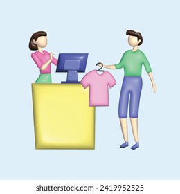 Happy people shopping at mall. Shopping concept. Realistic 3d object cartoon style.