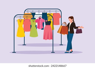 Happy people shopping at mall. Shopping concept. Colored flat vector illustration isolated.