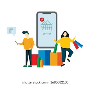 Happy people shopping online and shoppers using the mobile app for smartphones and shoppers in a virtual store. Comfort when buying goods. Time saving. A large number of purchases. Delivery of online 