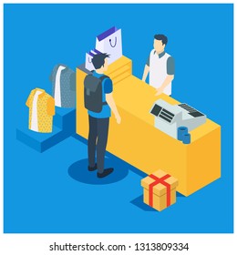Happy people shopping together at the supermarket and buying products: augmented reality and clearance sales concept - Vector 