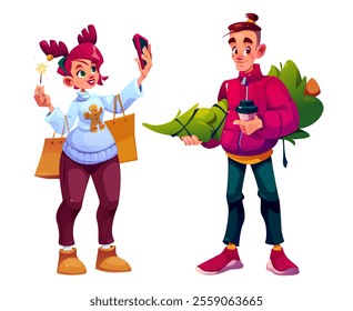 Happy people shopping, walking with Christmas tree isolated on white background. Vector cartoon illustration of young man with coffee cup, girl posing for selfie with sparkler, holiday mood in city