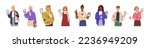 Happy people showing mobile phone screens set. Men, women holding smartphone, cellphone displays with apps, online messages, video, photo. Flat vector illustrations isolated on white background