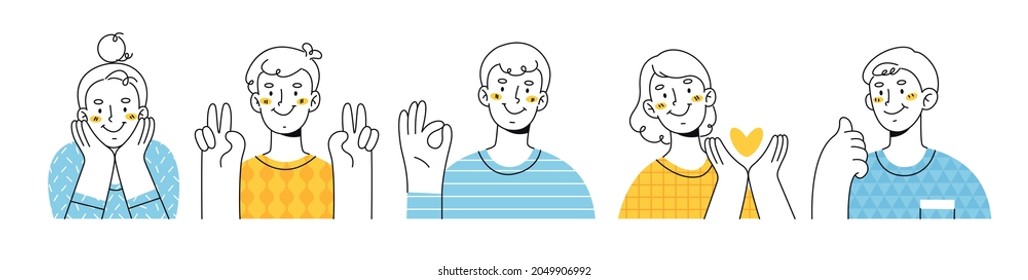 Happy people showing various positive emotions with gestures. Victory fingers, ok sign, clenched fist, thumbs up and heart in hand. Contour illustration isolated on white background.