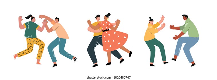 Happy people singing and dancing. Smiling young men and women enjoy a dance party. Dancers at a carnival or disco. Cute vector illustration