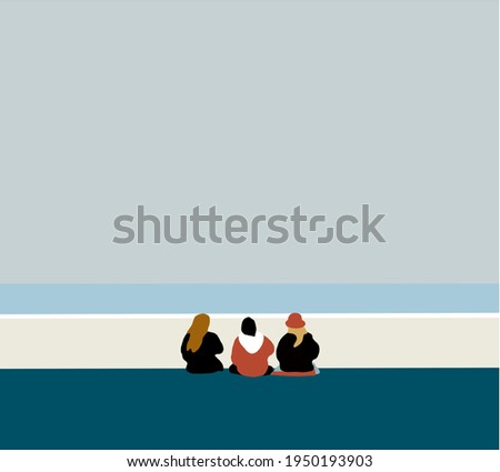 Happy people sits on background of empty beach during their vacation in an idyllic nature scene destination. Travel or sea vacations concept