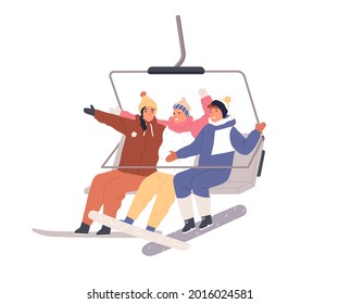 Happy people sitting in cable car with snowboards. Snowboarder friends in open cabin of rope cableway. Active smiling tourists on winter holidays. Flat vector illustration isolated on white background