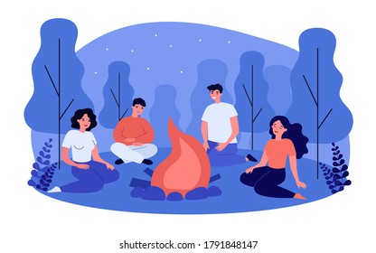 Happy People Sitting At Campfire At Night. Group Of Friends Gathering Around Fire In Woods And Talking. Vector Illustration For Summer Camping, Scary Story Telling, Leisure Time Outdoors Concept