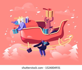 Happy People Sitting in Huge Reindeer Sledge Flying in Sky above Snowy Ground Throwing Gifts Way Down. Winter Time Holidays Season, Merry Christmas Greetings Time. Cartoon Flat Vector Illustration