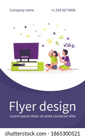Happy people sitting on floor and listening music channel. TV, home, friend flat vector illustration. Leisure and entertainment concept for banner, website design or landing web page