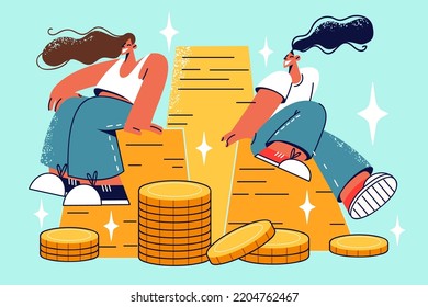 Happy people sitting on stack of gold celebrate wealth and income. Smiling women with golden piles enjoy being rich. Profit and finances. Vector illustration. 