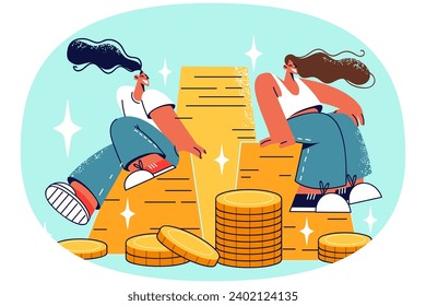 Happy people sitting on stack of gold celebrate wealth and income. Smiling women with golden piles enjoy being rich. Profit and finances. Vector illustration.