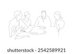 Happy people sitting at table, eating holiday meals, drinking wine and talking to each other. Family Christmas or Thanksgiving dinner or supper. Hand made vector not AI