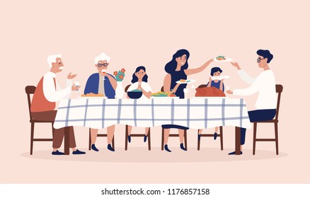 Happy people sitting at table, eating holiday meals, drinking wine and talking to each other. Family Christmas or Thanksgiving dinner or supper. Colorful vector illustration in flat cartoon style.
