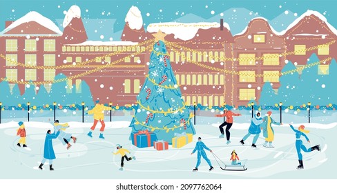 Happy people skating on city ice rink. Christmas fun and winter snow landscape scene