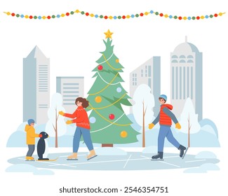 Happy people skating on the ice. Skating rink in Winter city park. Men, women and children have fun in cold winter weather. Vector flat banner background illustration.