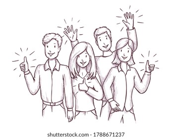 Happy people sketch. Smiling people make thumbs-up gesture. Businessmen, businesswoman show like sign. Happy team together sketch vector portrait. Successful teamwork, coworking, partnership concept