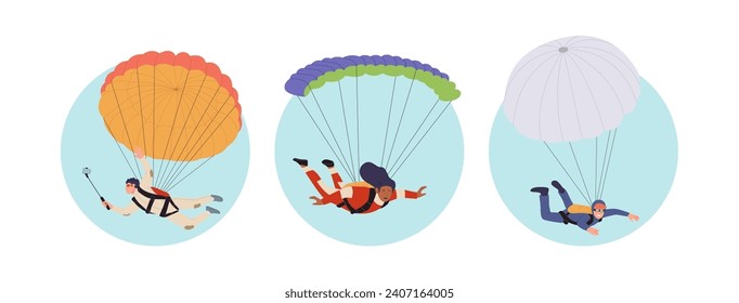 Happy people skydivers cartoon character isolated round composition set for parachuting sport club