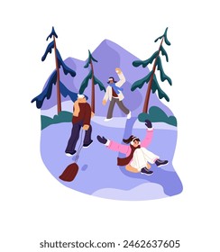 Happy people slide down from snow hill. Kids ride on sleigh outdoor in winter. Teenagers have fun in park. Friends slip on sled, pull up sledge with rope. Flat isolated vector illustration on white