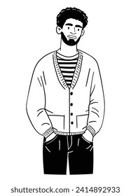 Happy people, smiling male, concept for campus, fashion, avatar. Hand drawn outline line art cartoon vector illustration