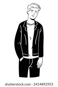 Happy people, smiling male, concept for campus, fashion, avatar. Hand drawn outline line art cartoon vector illustration