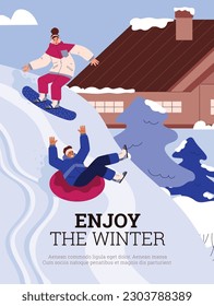 Happy people snowboarding and riding tubing on snowy downhill, poster template - flat vector illustration. Enjoy the winter - text. Ski resort advertising banner. Winter vacation and holiday.