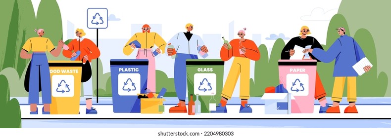 Happy people sorting waste flat vector illustration. Environmentally conscious men and women putting plastic, glass, paper, organic garbage in different trash bins for recycling. Care about ecology