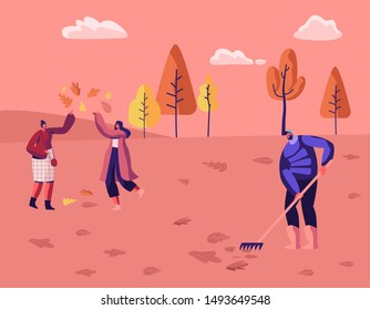 Happy People Spend Time in Autumn Park or Forest. Modern Casual Women Playing with Fallen Autumn Leaves. Man Janitor Raking Foliage from Ground. Fall Season Leisure Cartoon Flat Vector Illustration