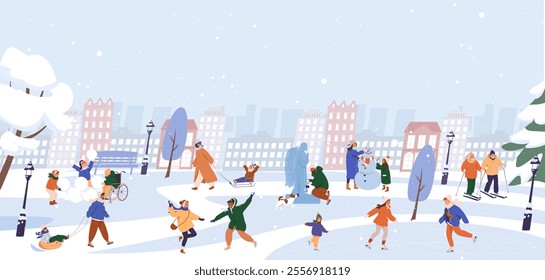 Happy people spend time outdoor at winter. Winter outdoor activities. Cartoon flat vector isolated on urban background. Characters skating, skiing, sledding, playing snowballs, build snowman together.