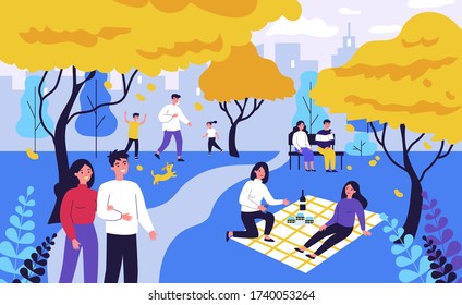 Happy people spending leisure time in pink cherry tree park. Families, friends and couples walking at adorable blooming sakura trees. Vector illustration for blossom season, Japanese festival concept