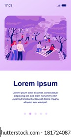 Happy people spending leisure time in pink cherry tree park. Families, friends and couples walking at adorable blooming sakura trees. Vector illustration for blossom season, Japanese festival concept