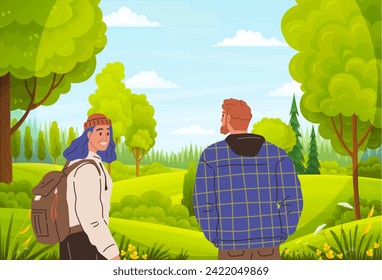 Happy people spending leisure time in green tree park. Family, friends walking at adorable garden. Young couple walking together in park. Smiling man and woman enjoy romantic date in summer forest