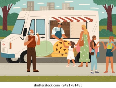 Gente feliz pasando tiempo en la compra de parques y en comer helados