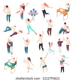 Happy people spending time together relaxing enjoying nature chat physical activity outdoor isometric icons collection vector illustration