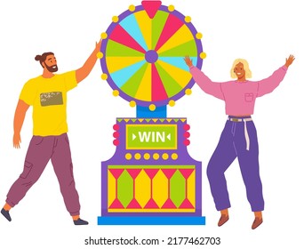 Happy people spinning wheel of fortune gambler tries his luck in casino. Gambling entertainment. Couple playing risk game with fortune wheel and lottery. Winner happiness, luck and failure in roulette