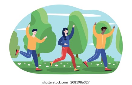 Gente feliz en primavera. Los amigos fueron por diversión, estilo de vida activo, recreación al aire libre, vacaciones. Personajes caminando en el parque, turistas viajando, naturaleza, deportistas. Dibujo vectorial plano de dibujos animados