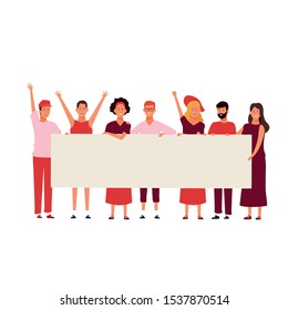 happy people stading and holding a blank placard over white background, vector illustration