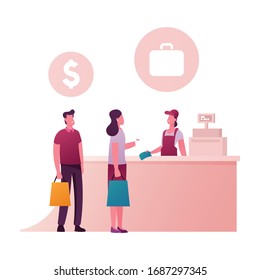 Happy People Standing at Counter Desk with Saleswoman in Duty Free Store. Male and Female Characters Buying Cheap Cosmetics, Alcohol and Food in Airport or Tax Free Area. Cartoon Vector Illustration