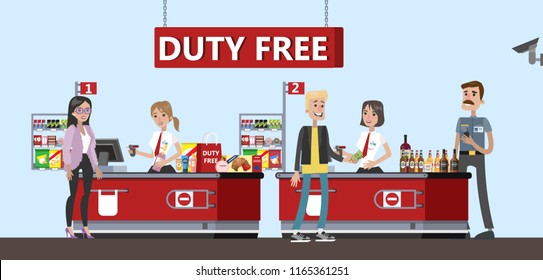 Happy people standing at the counter in duty free store. People buying cheap cosmetics, alcohol and food. Tax free. Vector flat illustration