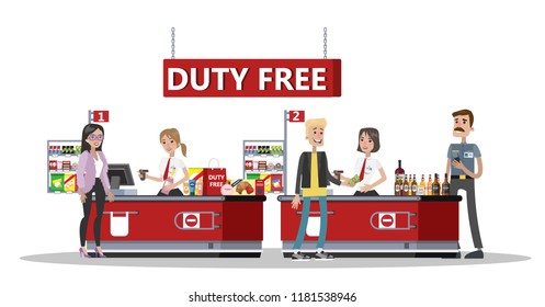 Happy people standing at the counter in duty free store. People buying cheap cosmetics, alcohol and food. Security worker. Tax free. Vector flat illustration