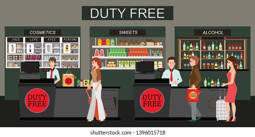 Happy people standing at the counter in duty free store, People buying cheap cosmetics, alcohol and food. Tax free. Vector flat illustration 