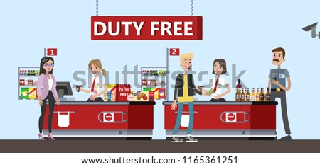 Happy people standing at the counter in duty free store. People buying cheap cosmetics, alcohol and food. Tax free. Vector flat illustration