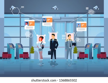 happy people standing financial department with ATM cash machines identification surveillance cctv facial recognition concept business center hall interior security camera system horizontal