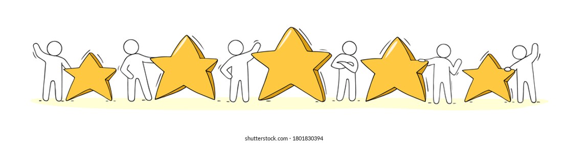 Happy people standing with five golden stars. Doodle cute illustration about the product quality. Isolated vector Idea of feedback and review.